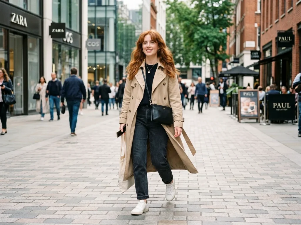 A chic fashion-inspired look featuring curtain bangs styled with coordinated casual outfits and trendy footwear for an effortless modern appearance.