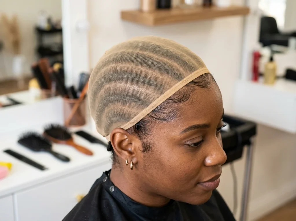 Preparing natural hair for a flat fit with ombre wigs.