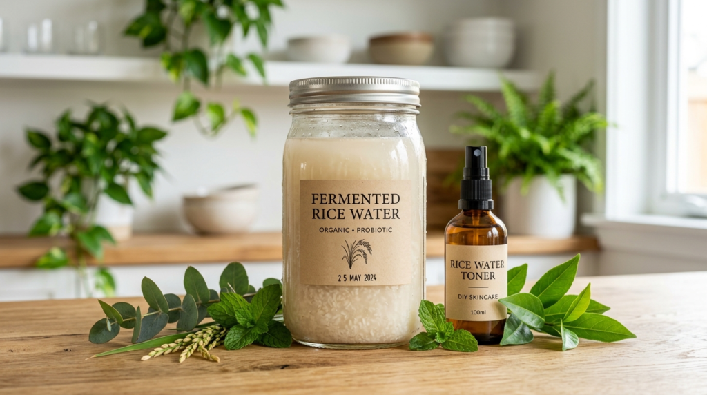 Fermented rice water for hair stored in a glass jar