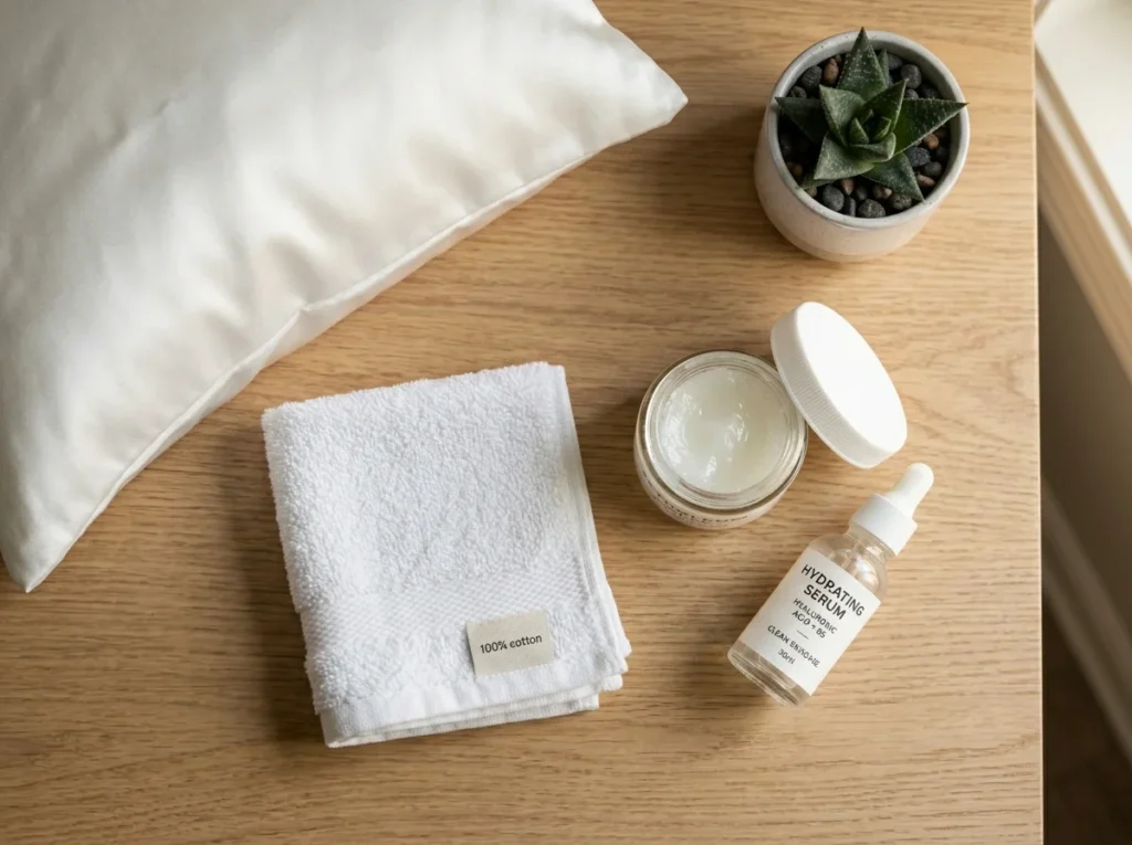 A collection of nighttime skincare essentials including petroleum jelly and hydrating serum ready for a slugging skincare routine.
