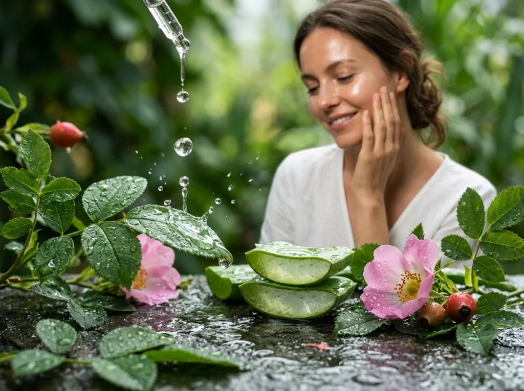 An artistic macro skincare image featuring vegan botanical extracts like aloe vera and rosehip oils with a soft beauty background representing healthy radiant skin naturally.