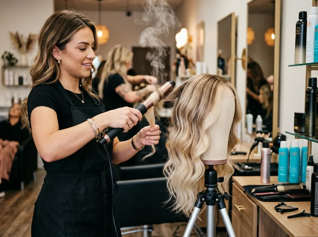 Professional hair styling techniques for wavy ombre wigs.