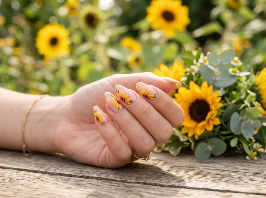 Classy French tip sunflower nail designs for trendy summer nails.