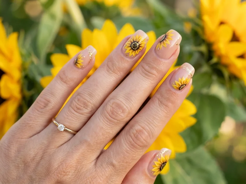 Beautiful sunflower nail designs with yellow floral nail art and glossy summer manicure.