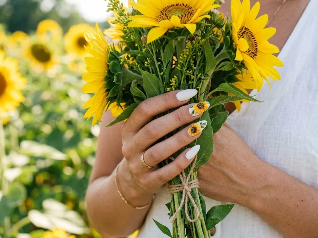 Trendy acrylic sunflower nail designs for a bright and stylish summer manicure.