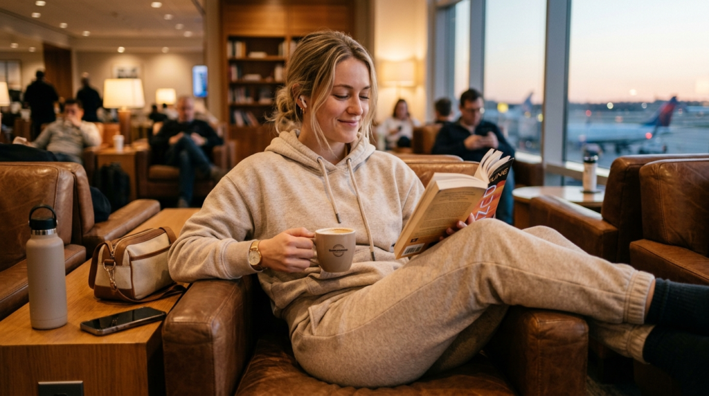 "Traveler wearing breathable cotton and linen airport travel outfit for comfort and temperature control during long flights"
