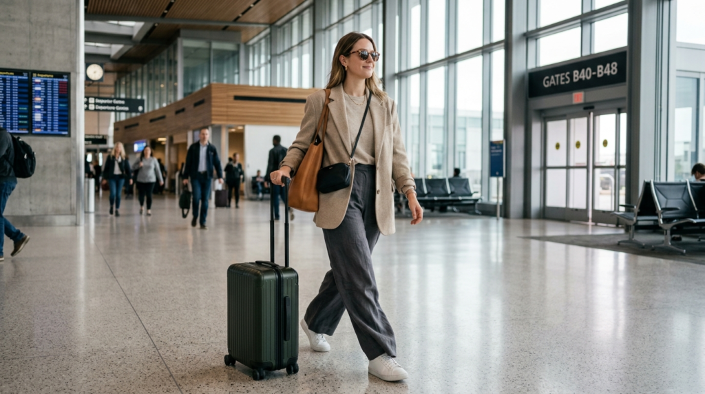 "Oversized blazer airport travel outfit with relaxed fit for comfortable and stylish transit fashion look"