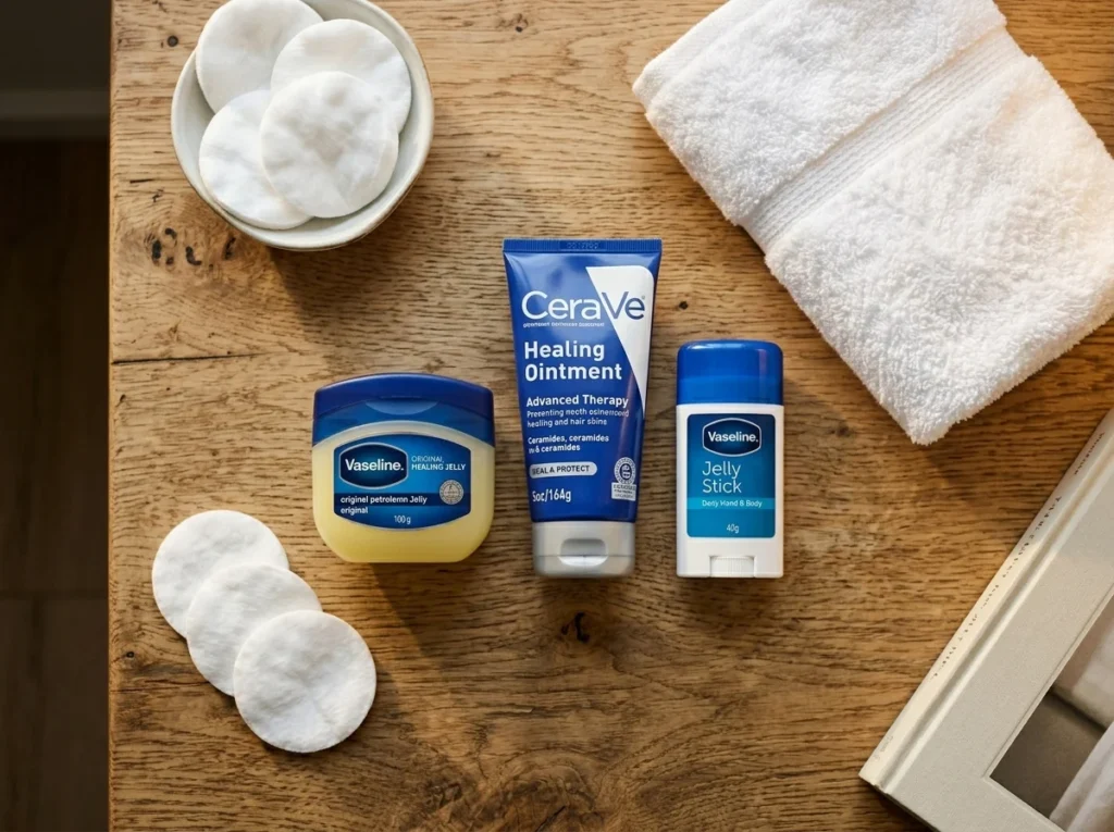 A collection of the best products for slugging skincare, including Vaseline, CeraVe Healing Ointment, and Aquaphor