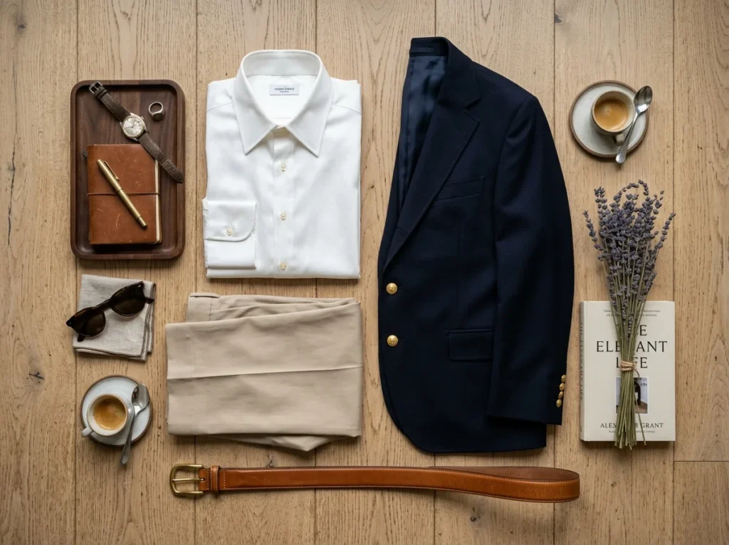 Classic old money wardrobe essentials including silk shirt and navy blazer.