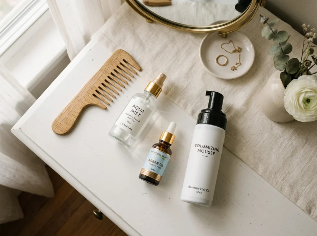 Essential hair tools and products prepared to set perfect Heatless Silk Curls.
