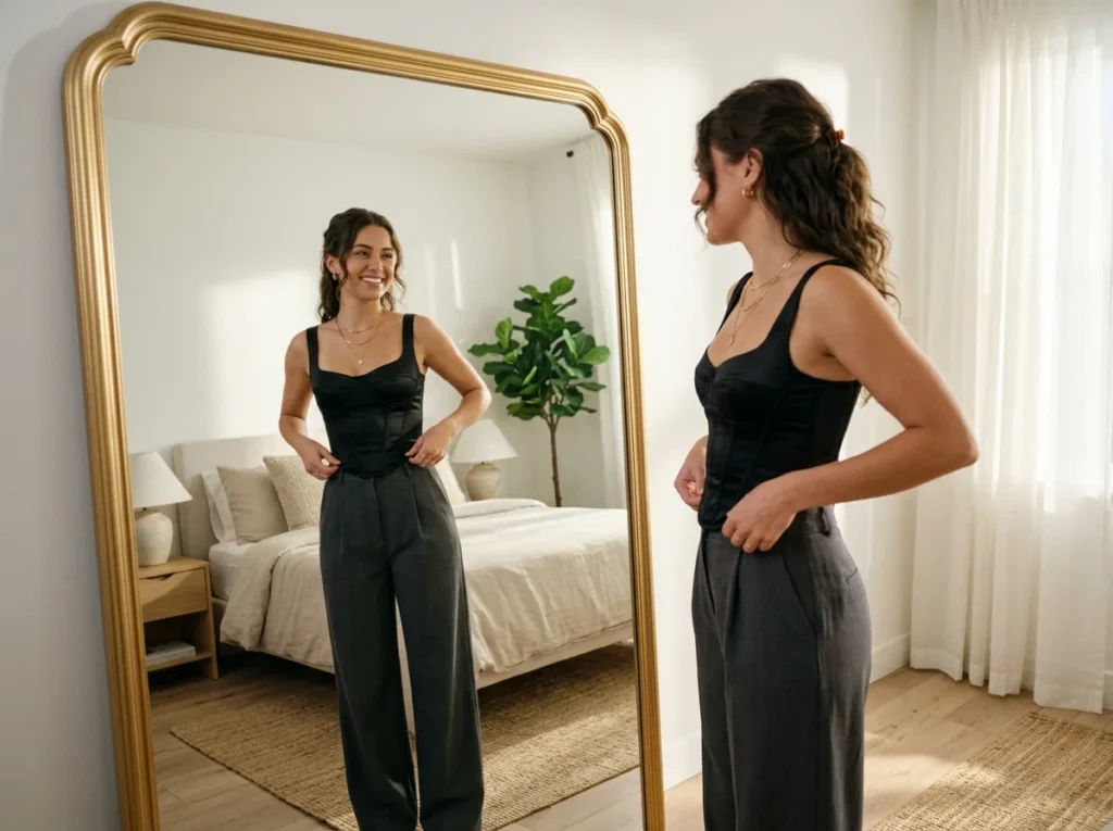 Woman smiling in a mirror while adjusting her black corset top outfit.