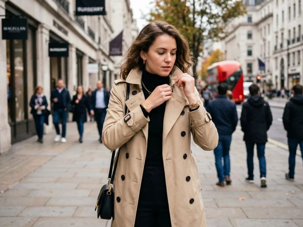 A stylish individual fine-tuning their coat during a daily chic outfits routine.