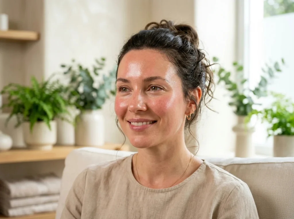 Close-up shot of a woman's luminous and naturally glowing skin after a face yoga routine.
