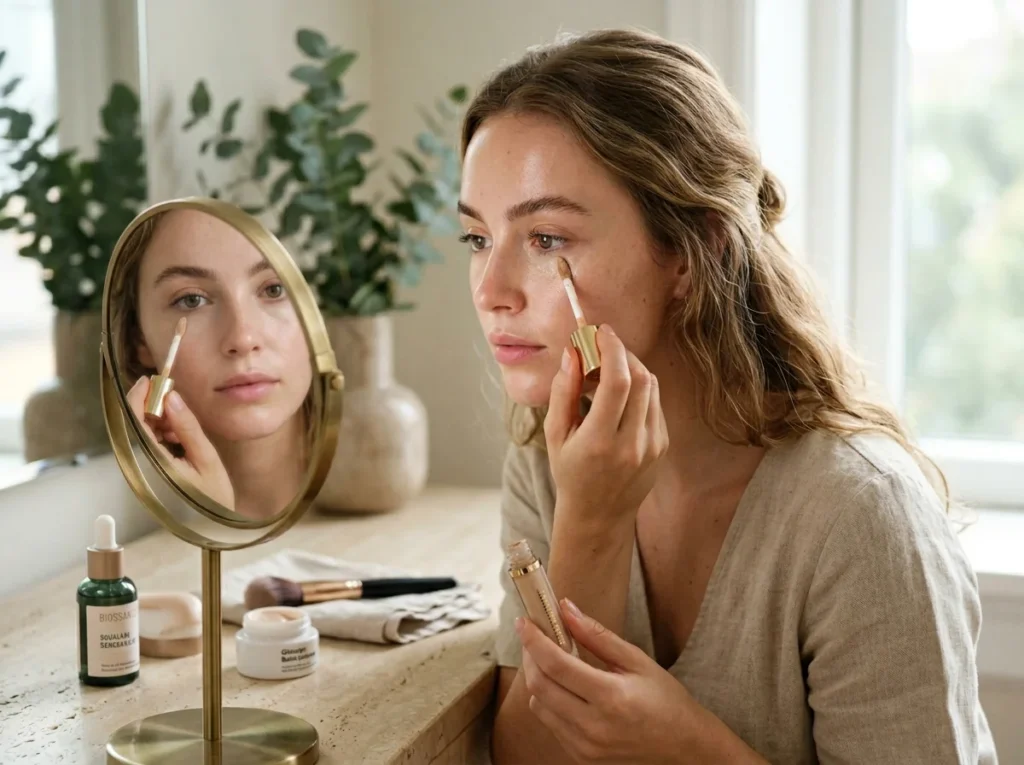 Applying a lightweight liquid concealer for targeted spot coverage in clean girl makeup.