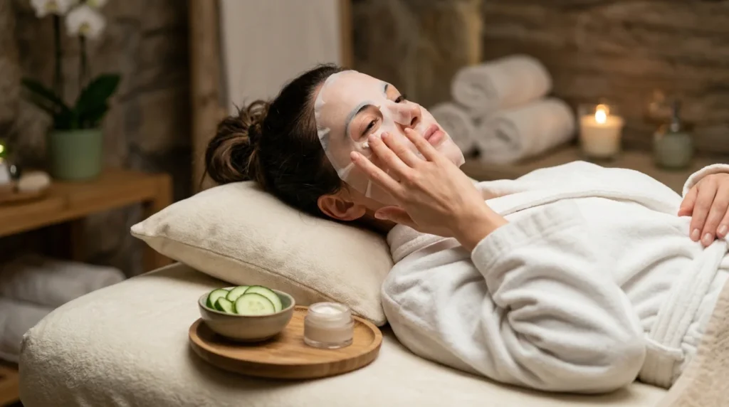 Woman lying relaxed with sheet mask fully applied, cucumber slices nearby, then applying eye cream under eyes with ring finger, spa-like calm environment, dim soft lighting