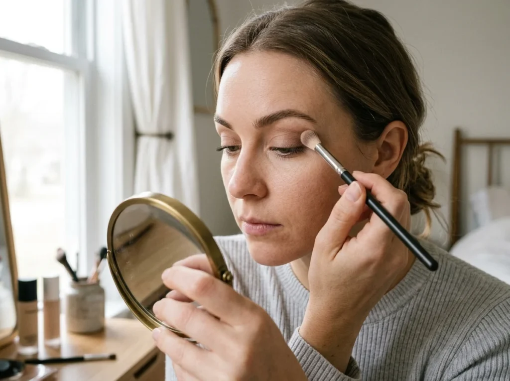 A detailed candid photo of a thoughtful woman's eye, showing a soft smudge that represents the messy learning process of mastering professional eye makeup techniques.