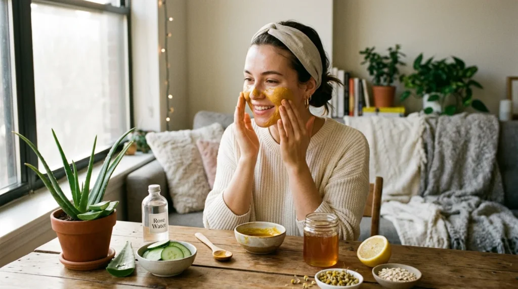 Woman using natural home remedies for grooming and skin care with glowing healthy skin at home.