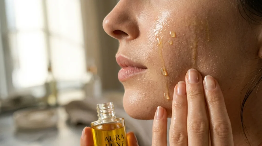 Close-up of applying facial oil on skin to prepare for face yoga and massage.