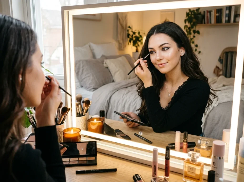 Cute girl applying gothic eyeliner while looking in the mirror.