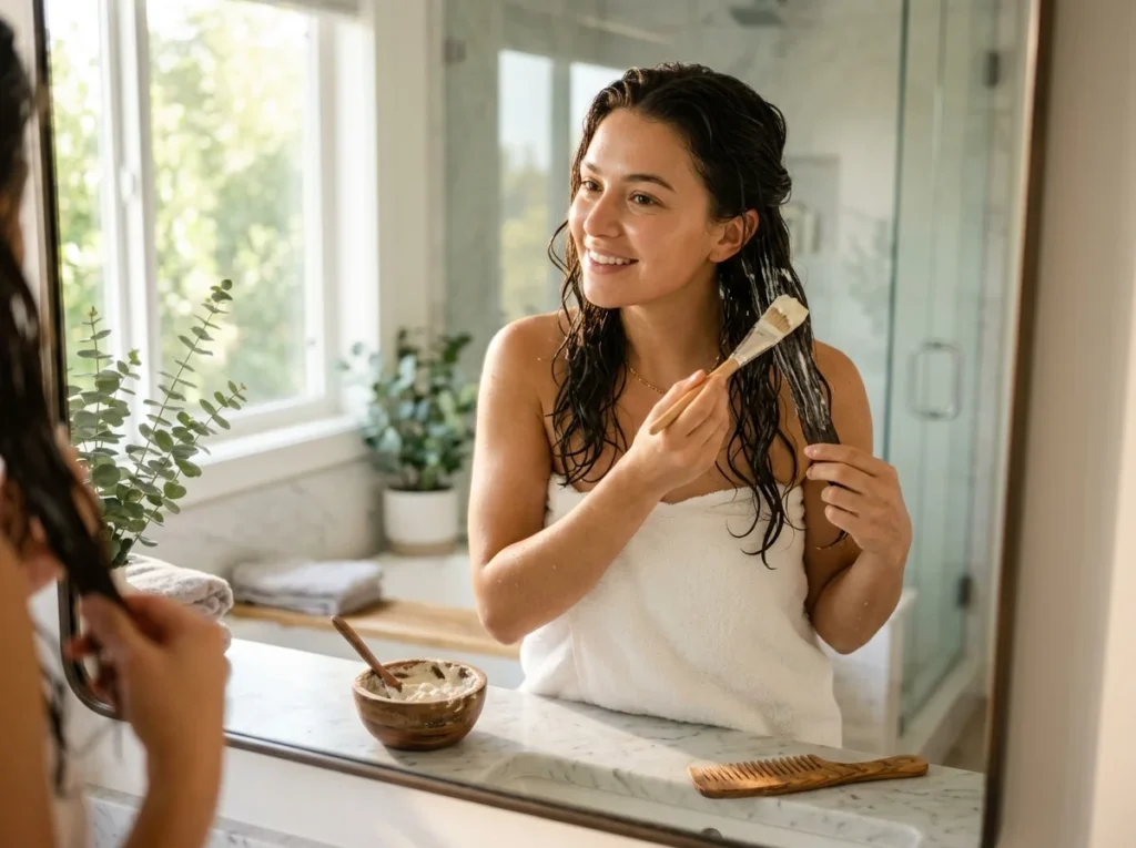 Woman applying a DIY protein hair treatment step-by-step at home.