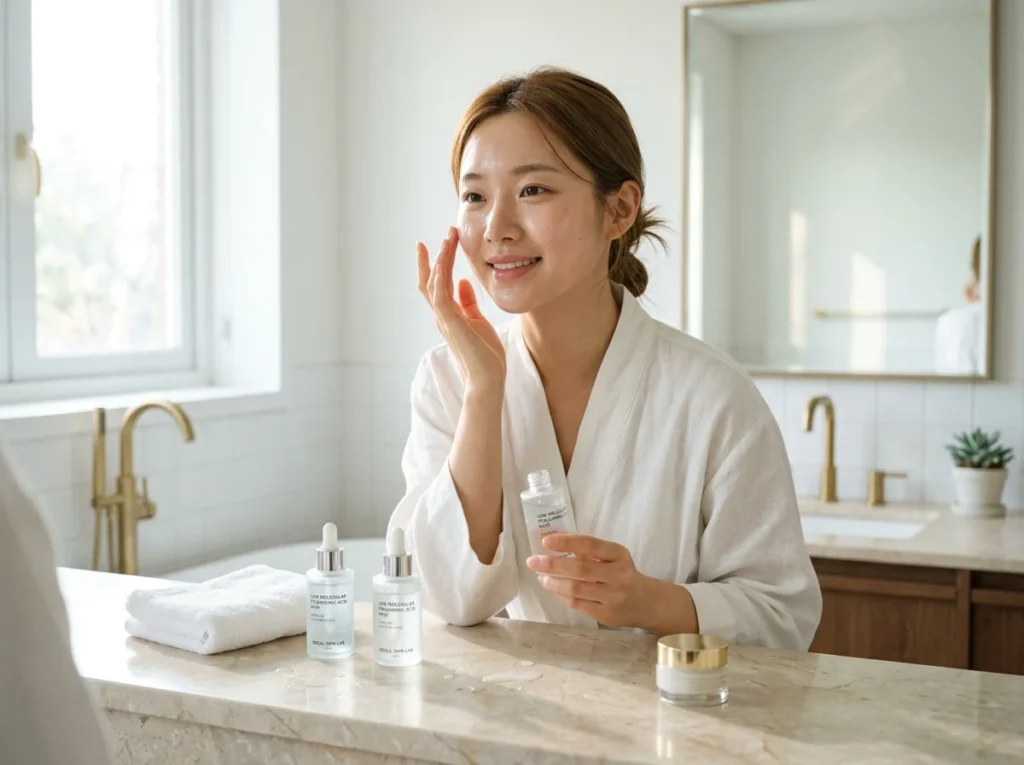 Priming the facial skin thoroughly with a hydrating serum for clean girl makeup.