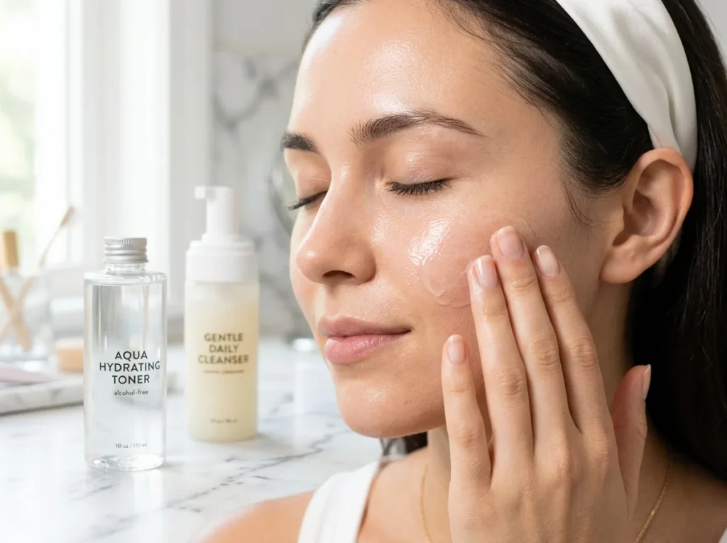 A professional close-up shot of a hydrated and glowing face being prepared with moisturizer for a smooth makeup base.