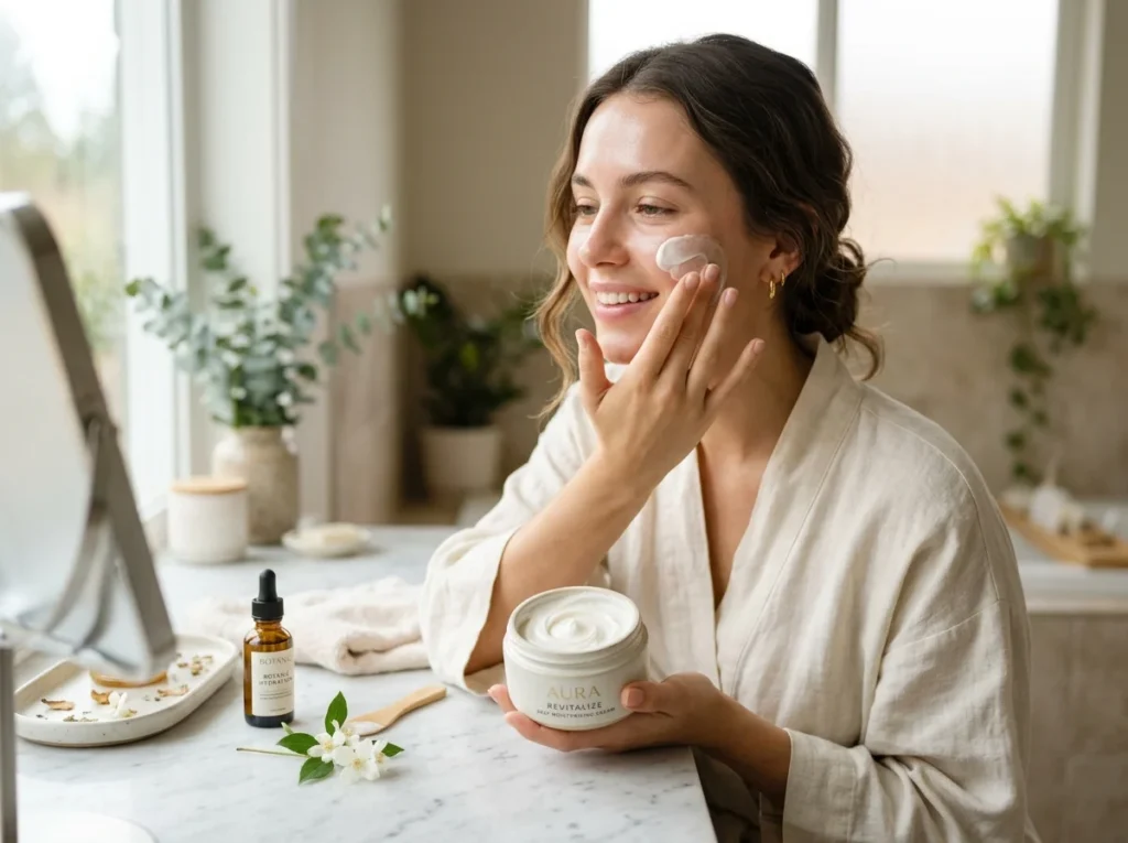 A rich ceramide moisturizer jar sitting on a marble counter as a key step in a dry skin care routine.