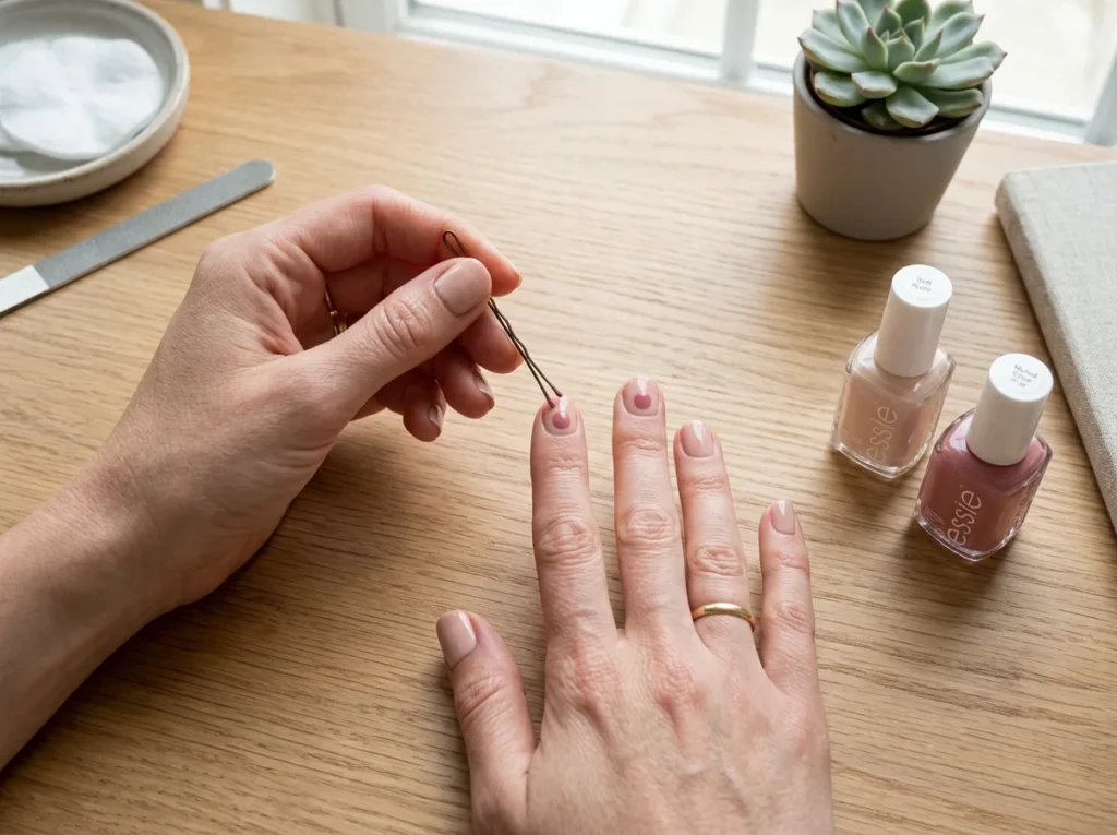 Minimalist single dot simple nail design on short square-shaped nude nails