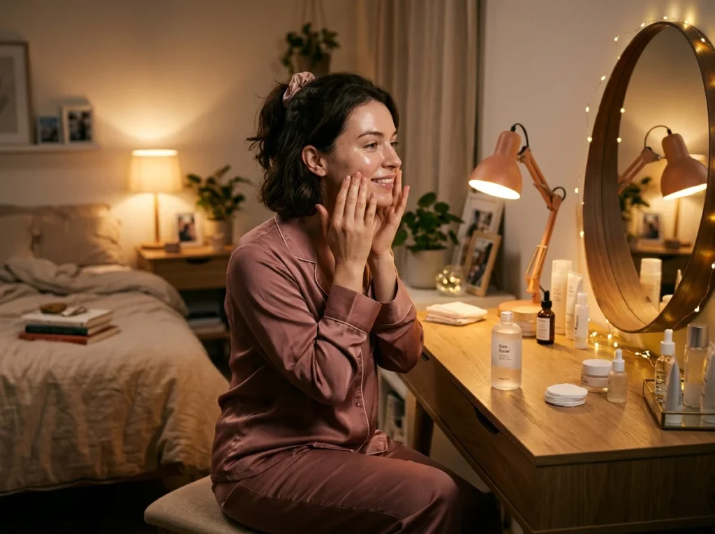Woman using rice toner during her nighttime skincare routine.