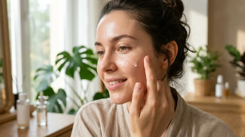 A woman applying a smoothing primer to blur pores as part of professional flawless makeup tips.
