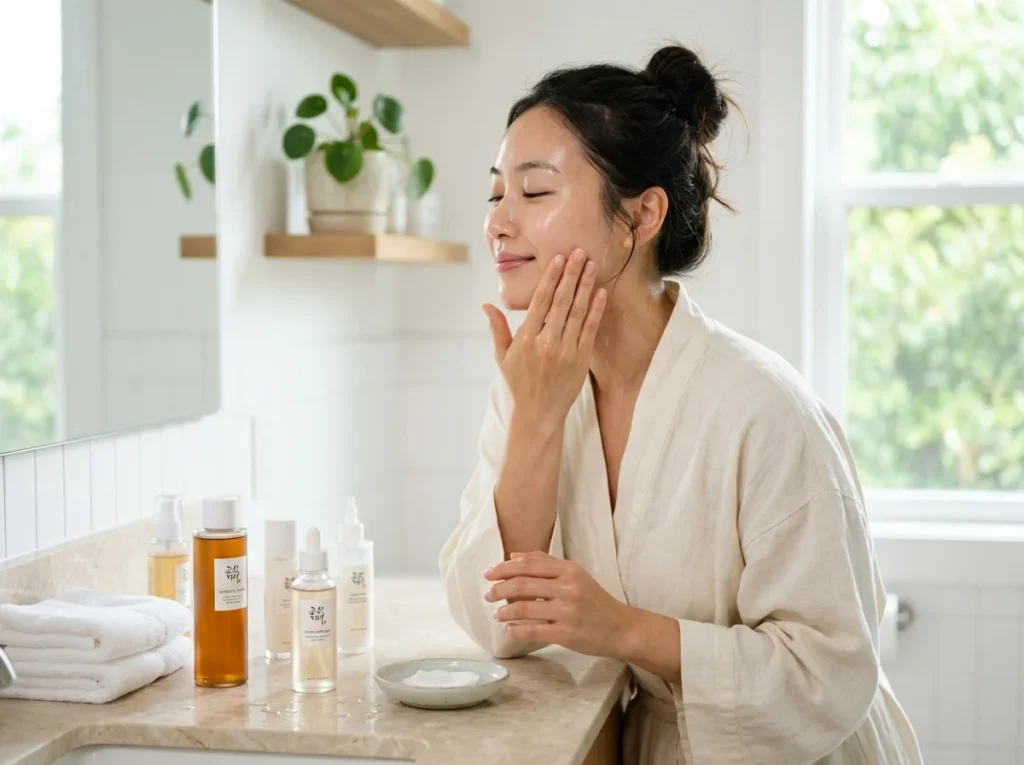 Splashes of a hydrating toner in a woman's hands during a refreshing dry skin care routine step.