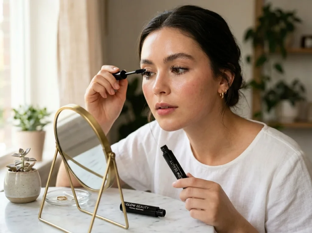 Defining lashes naturally with a curler and mascara for a clean girl makeup style.