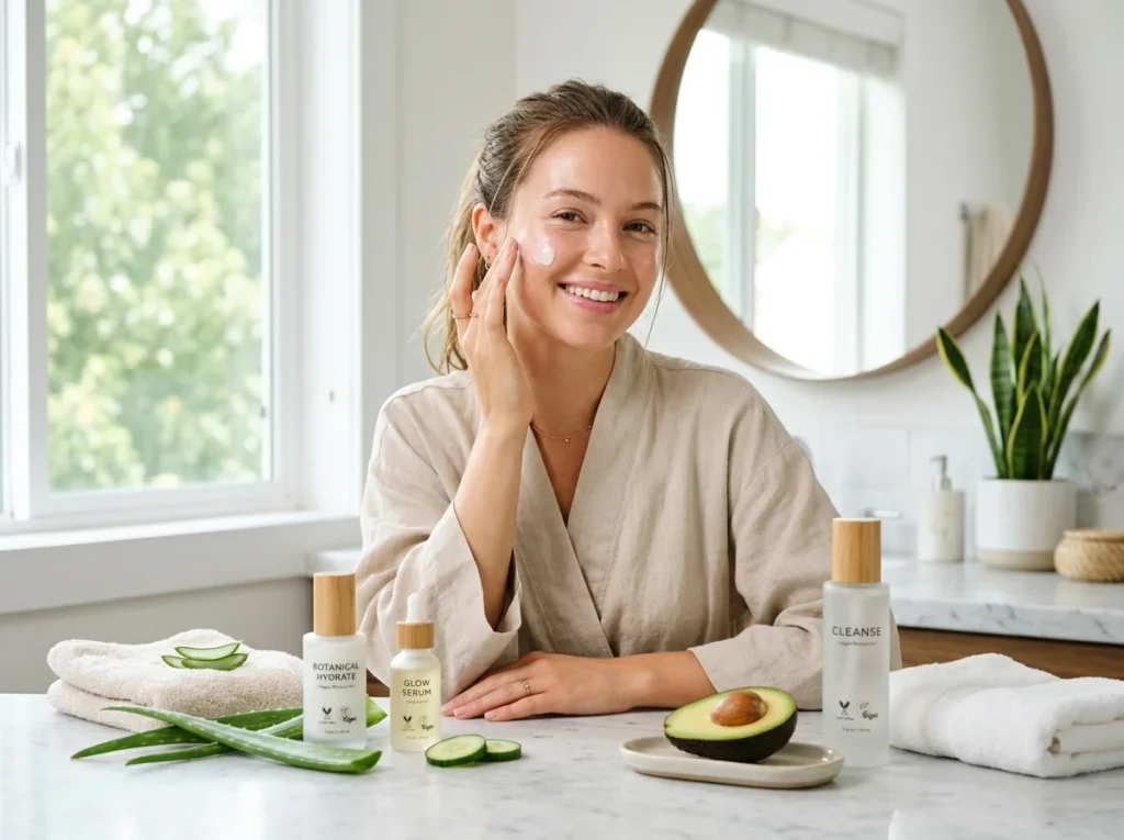 Woman following a morning and night vegan skin care routine naturally
