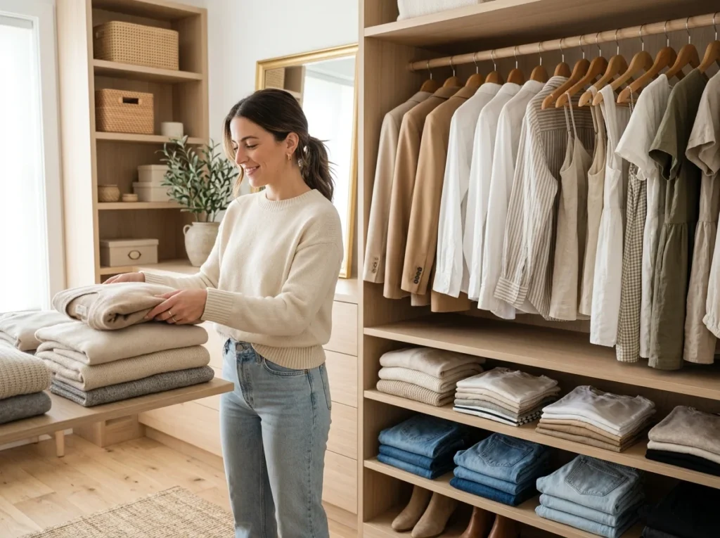 Woman organizing a capsule wardrobe system for versatile casual outfits in a minimalist closet