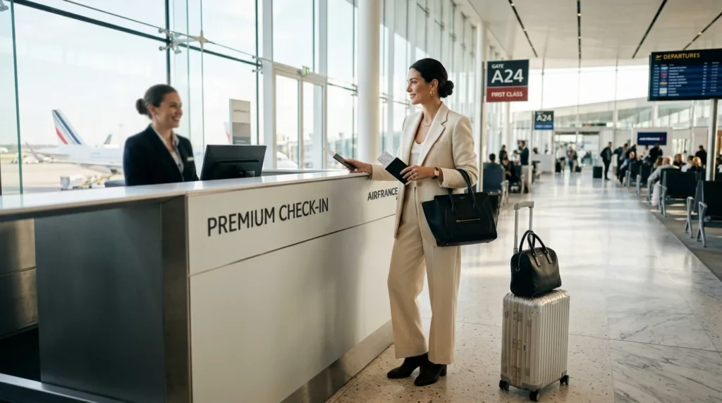 Stylish woman at airport check-in.