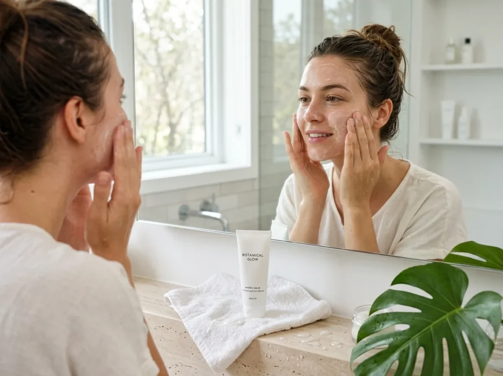 A minimalist setup of a creamy cleanser and soft towel for a gentle morning dry skin care routine.