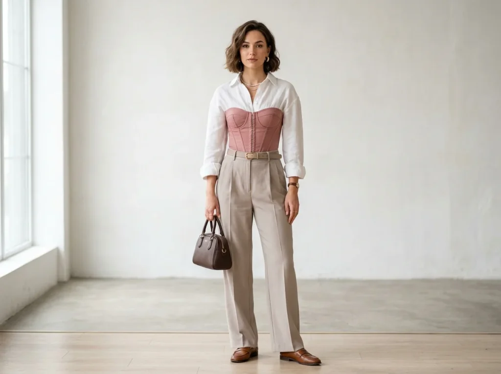 Correct way to style a corset top by layering it over a white shirt with high-waisted pants.