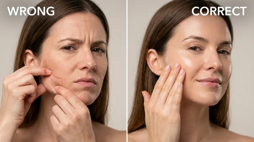 Comparison of wrong and correct face yoga techniques showing the importance of a gentle touch.