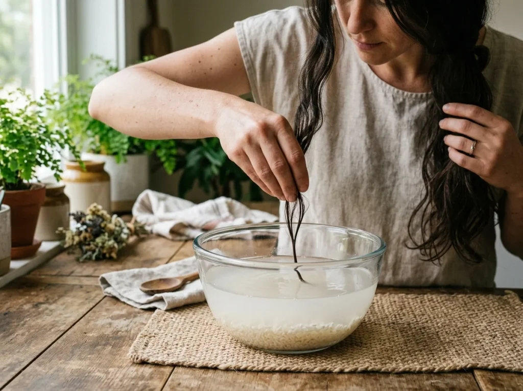 Using rice water rinse for hair growth secrets. Desc: Ancient remedy for strengthening hair strands.