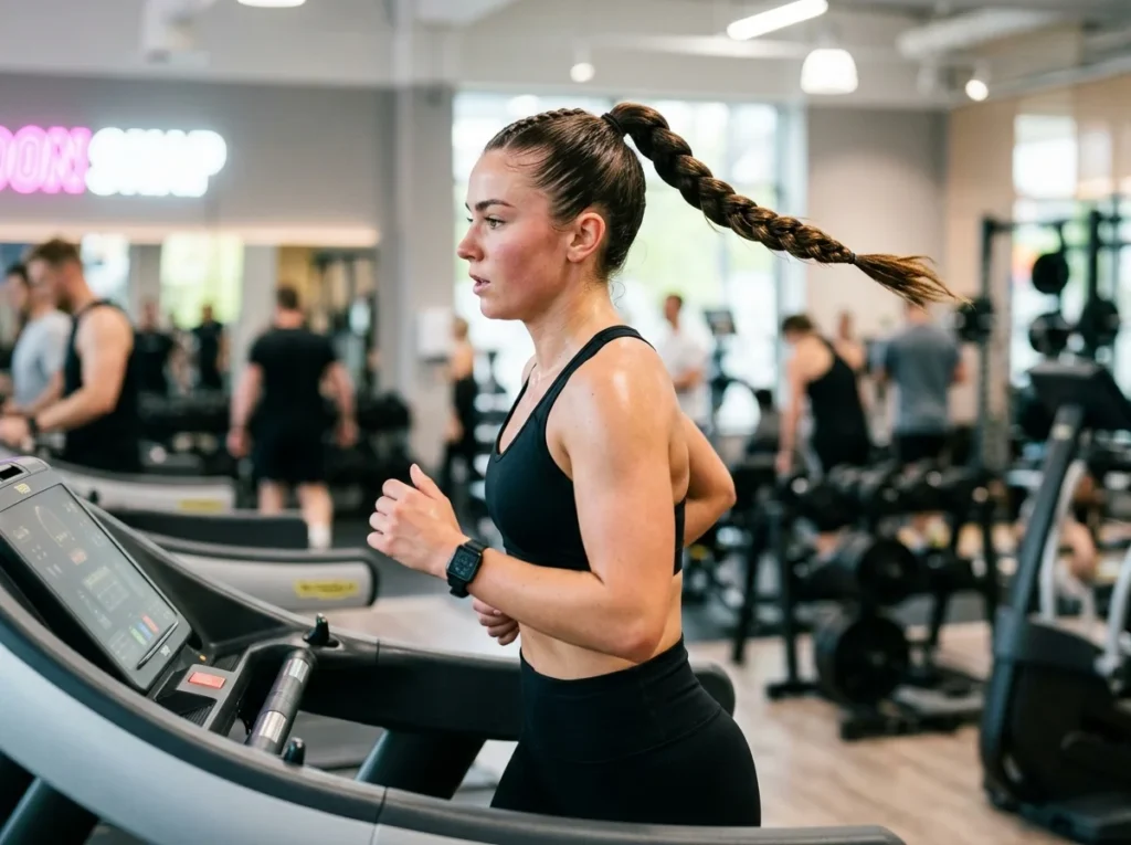 Woman wearing a high braided ponytail sporty hair style during intense cardio workout at the gym.