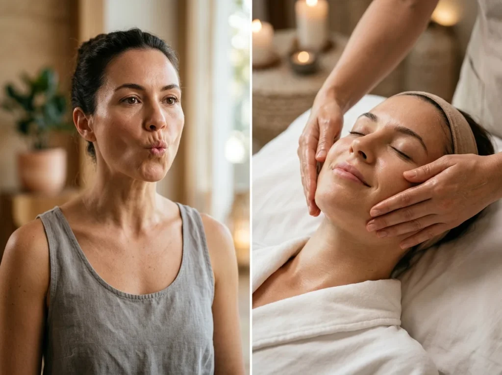 Side-by-side comparison showing active face yoga exercises versus passive facial massage.