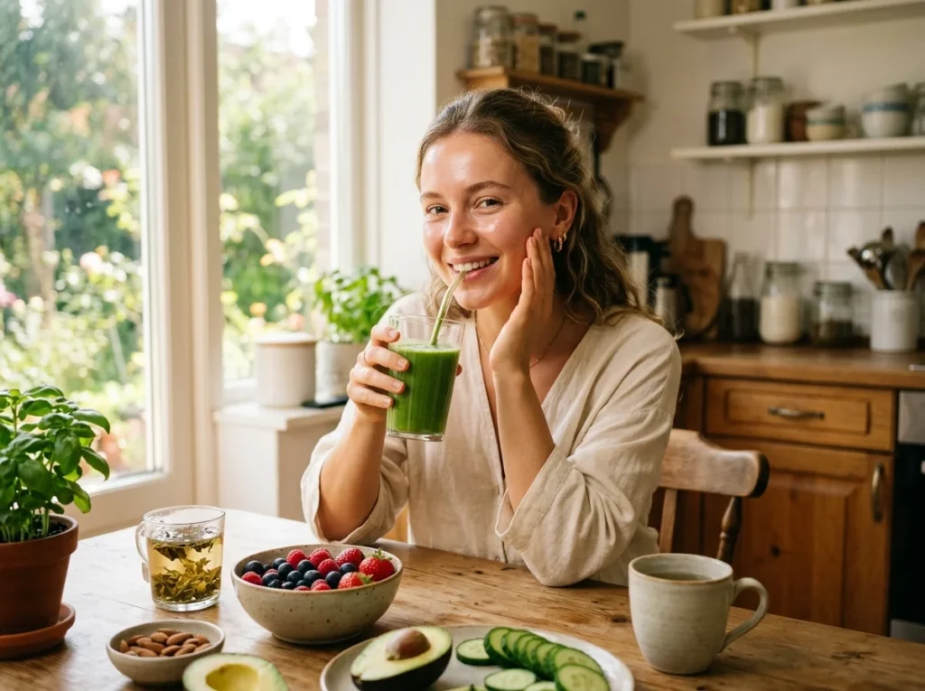 A realistic wellness inspired skincare image showing a woman supporting healthy radiant skin through nutritious vegan foods and natural hydration from within.