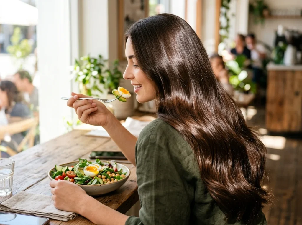 A woman eating protein-rich foods showing the results of hair growth tips naturally.