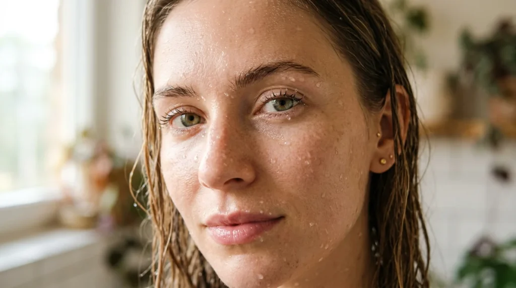"Glowing skin texture after a cold ice facial treatment."