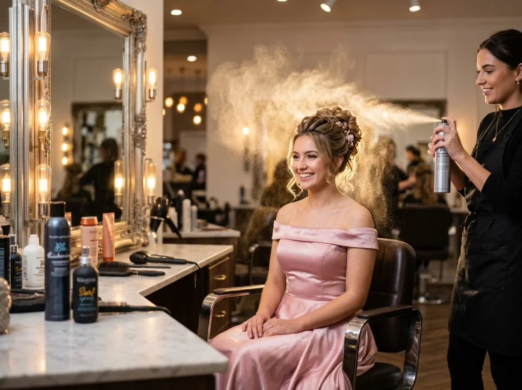 A beautiful girl showcasing elegant prom hairstyles for her big night.
