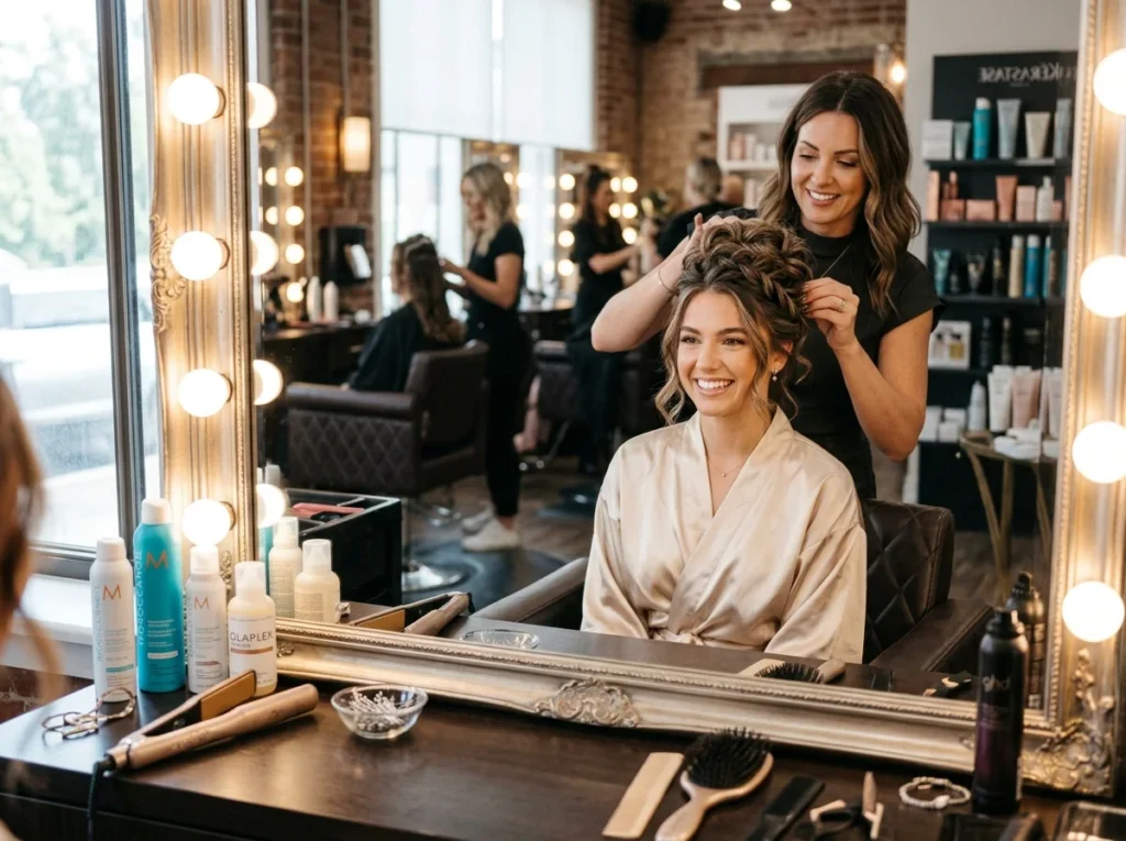 A young woman getting an elegant updo hairstyle at a luxury hair salon for her prom night.