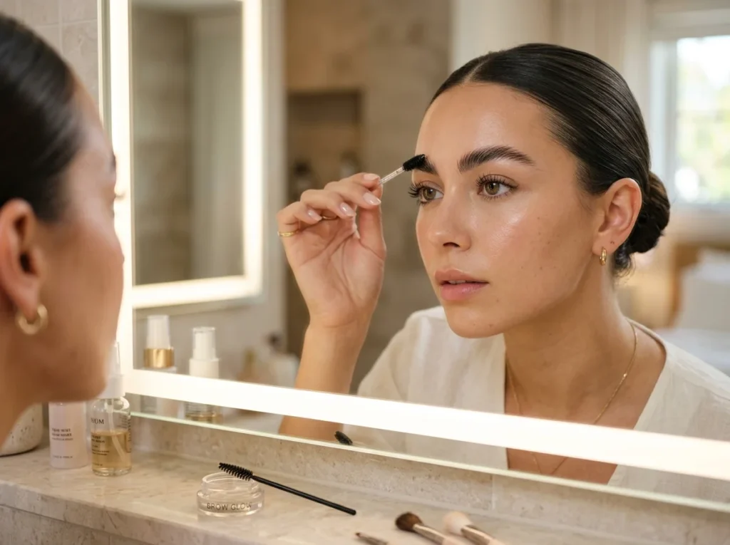Defining lashes naturally with a curler and mascara for a clean girl makeup style.