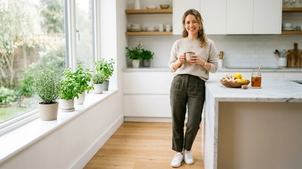 A smiling woman standing in a bright kitchen representing the benefits of natural home remedies.