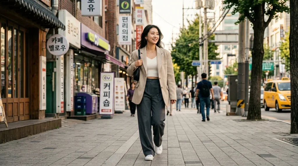 Trendy Korean outfit ideas featuring a modern minimalist look.