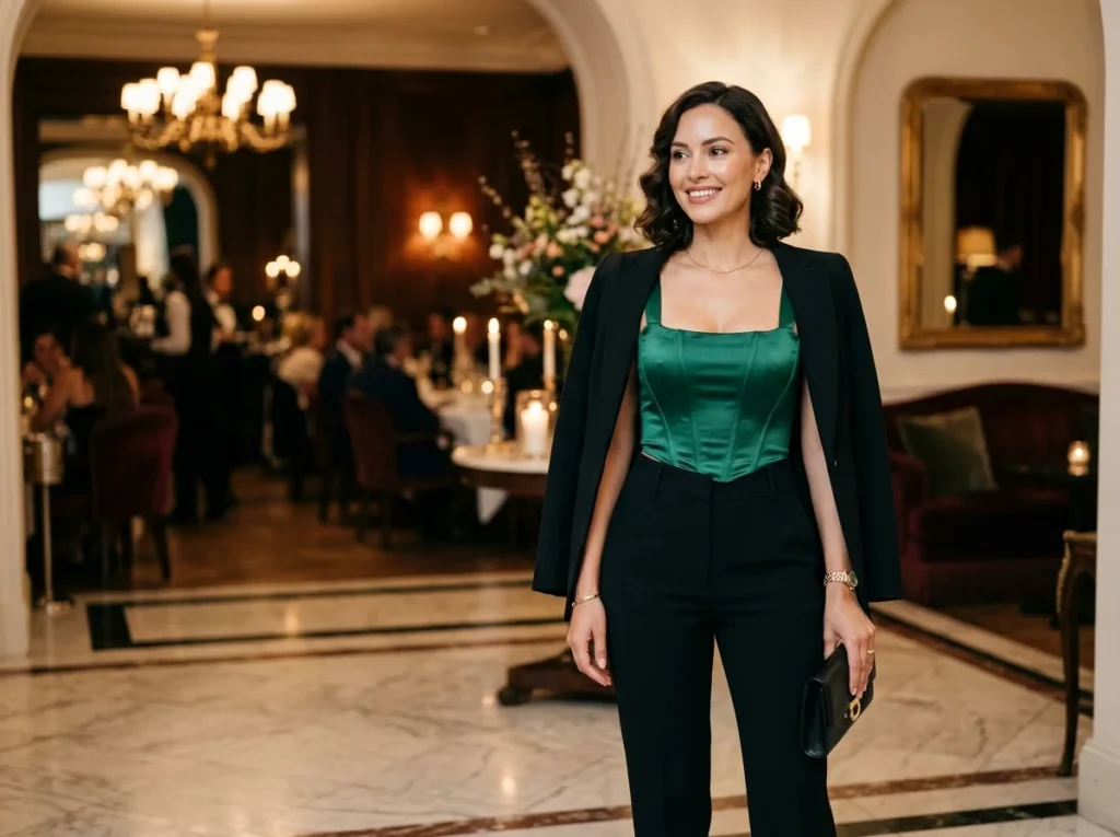 Elegant woman wearing a green satin corset with tailored pants and a blazer for a night out.